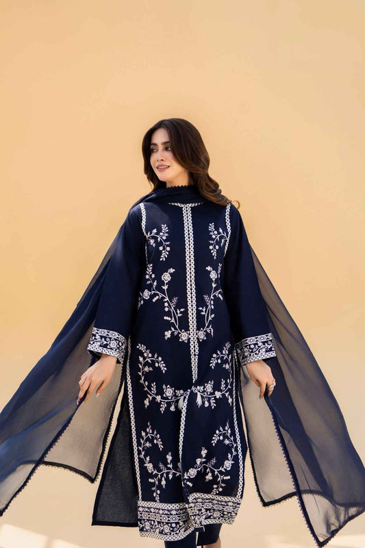 Nayab – Navy Blue 3 piece embroidered cotton suit