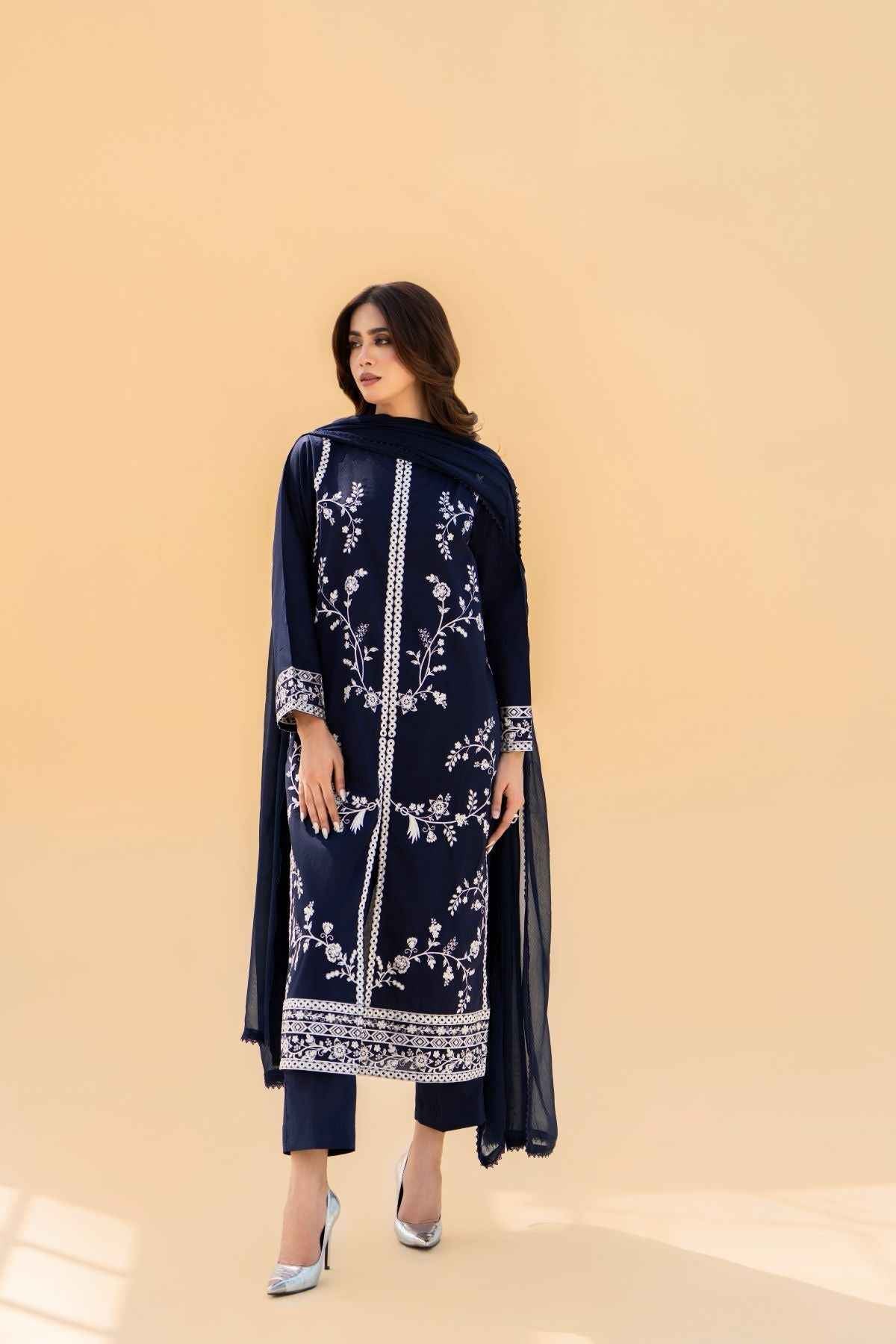 Nayab – Navy Blue 3 piece embroidered cotton suit