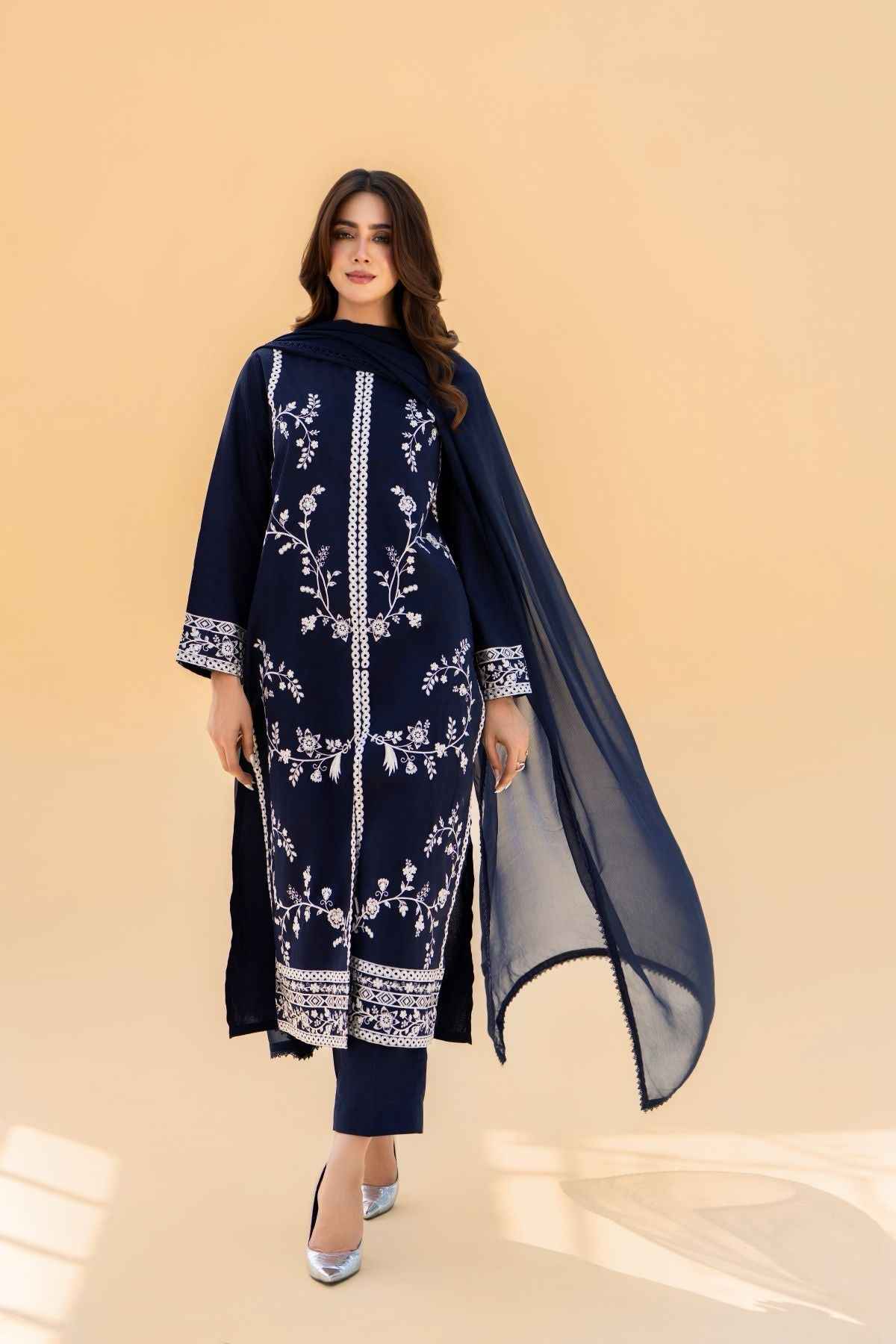 Nayab – Navy Blue 3 piece embroidered cotton suit