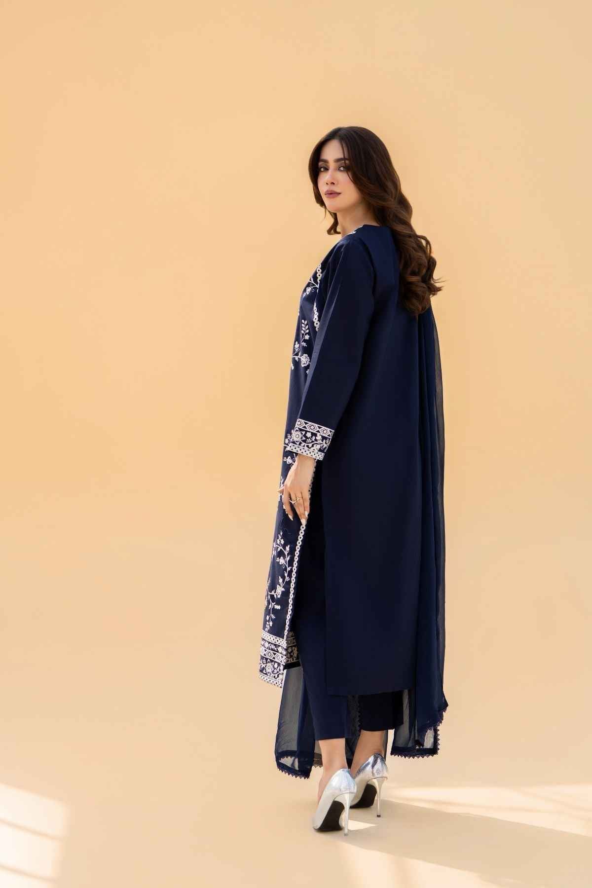 Nayab – Navy Blue 3 piece embroidered cotton suit
